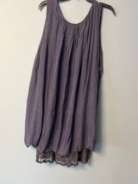 Sleeveless Lace-Trim Flow Dress in Dusty Navy Blue  100% silk outer layer.